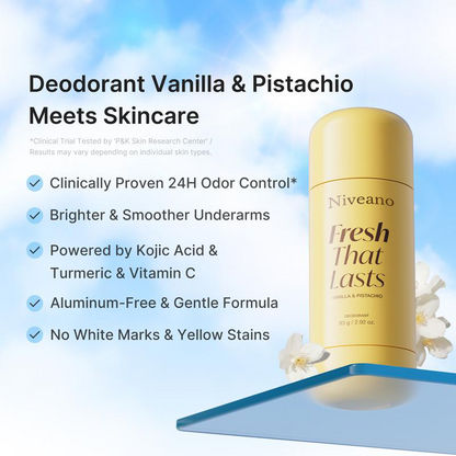 [NEW] Niveano™ Deodorant Vanilla & Pistachio 24H Fresh Odor Control Aluminum-Free Clean Formula Monthly Subscription Available Brightens and Smooths Underarms with Kojic Acid and Turmeric K-Beauty Inspired Gentle Care