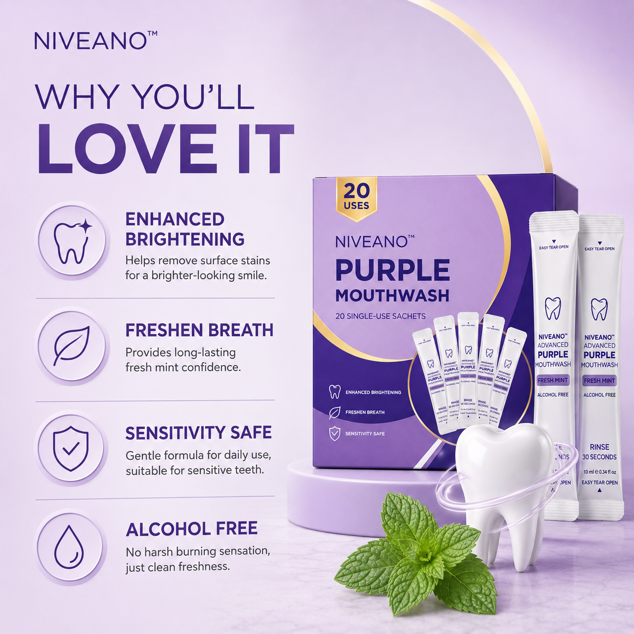 Niveano™ Monthly Subscription Purple Mouthwash – 10 Sachets | Peroxide-Free, Alcohol-Free & Vegan Mint
