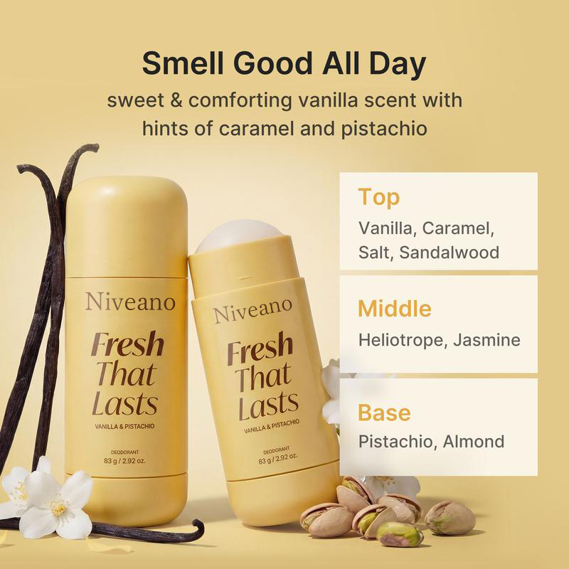 [NEW] Niveano™ Deodorant Vanilla & Pistachio 24H Fresh Odor Control Aluminum-Free Clean Formula Monthly Subscription Available Brightens and Smooths Underarms with Kojic Acid and Turmeric K-Beauty Inspired Gentle Care