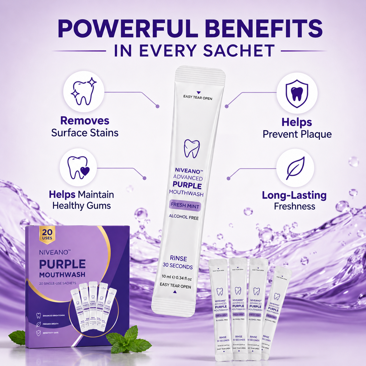 Niveano™ Monthly Subscription Purple Mouthwash – 10 Sachets | Peroxide-Free, Alcohol-Free & Vegan Mint