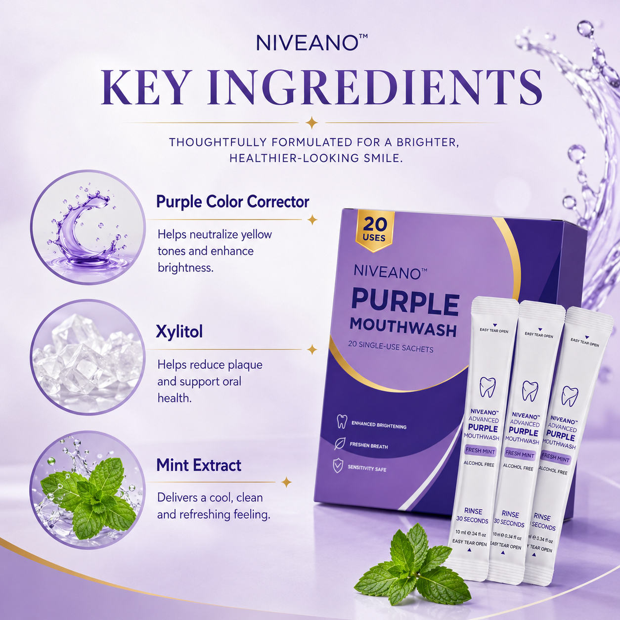 Niveano™ Monthly Subscription Purple Mouthwash – 10 Sachets | Peroxide-Free, Alcohol-Free & Vegan Mint
