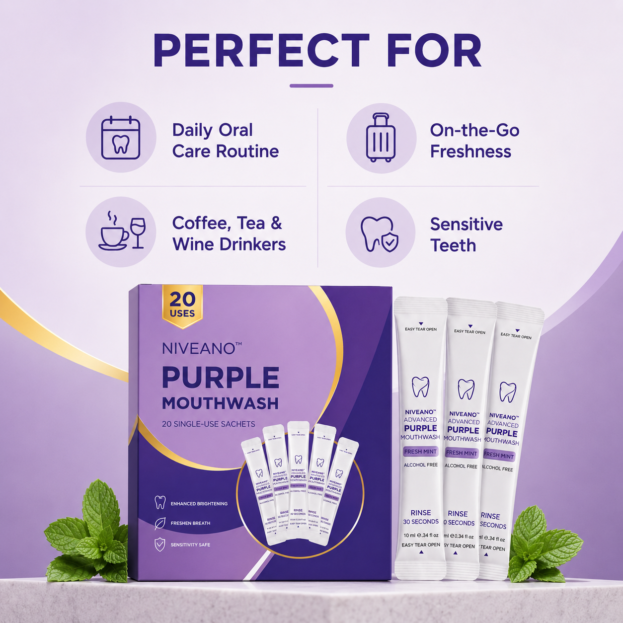 Niveano™ Monthly Subscription Purple Mouthwash – 10 Sachets | Peroxide-Free, Alcohol-Free & Vegan Mint